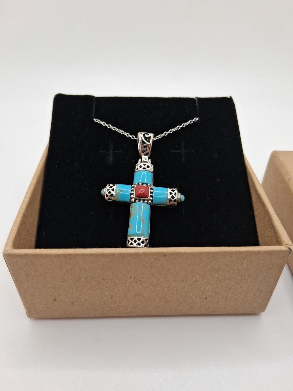925 Sterling Silver Reversible Turquoise Coral Cross Necklace THAI 8g